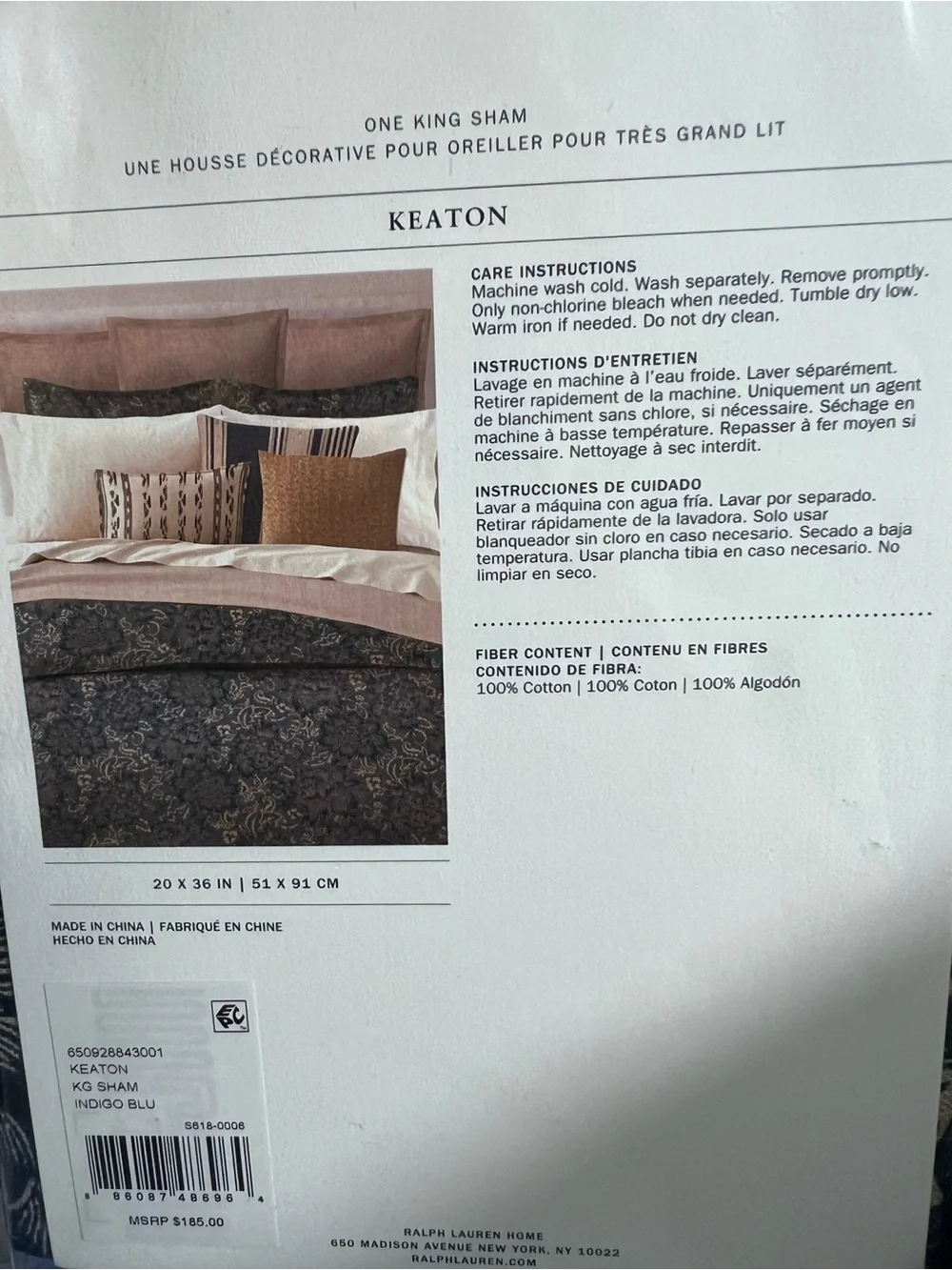 Ralph Lauren KING Sham KEATON Indigo Blue Floral Jacobean Grandmillennial $185